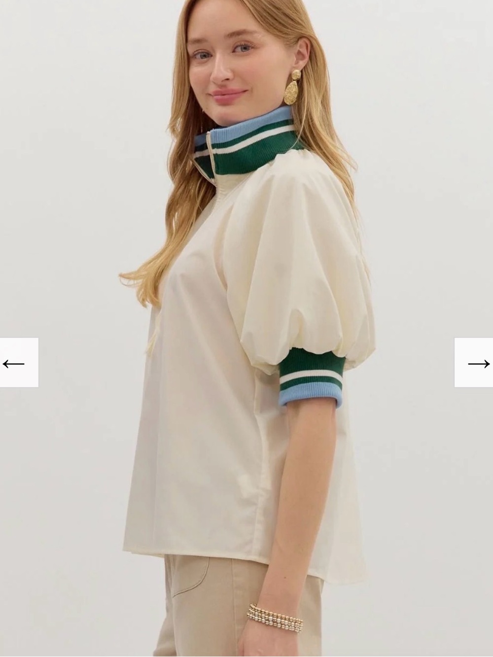 entro Cream Puff-Sleeve Top with Green & Blue Ribbed Collar